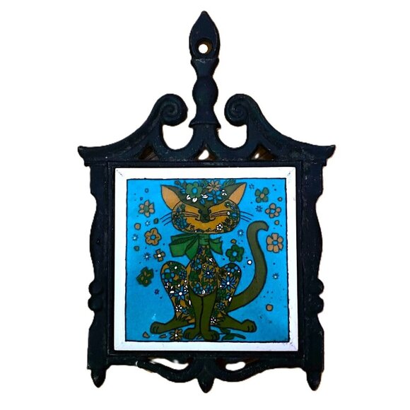 MCM Holt Howard Groovy 1970's Cat Tile Cast Iron Trivet, Wall Decor - Picture 2 of 10